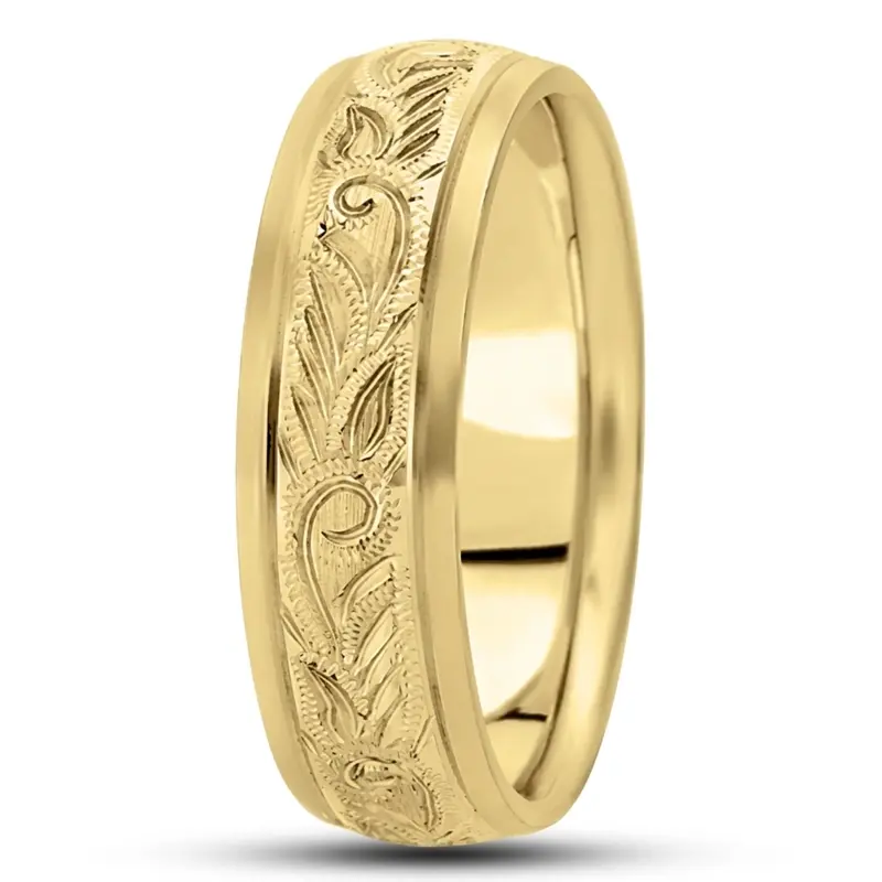 14K yellow gold 7mm. satin hand-engraved-fancy-carved-wedding-band - alternate view 7