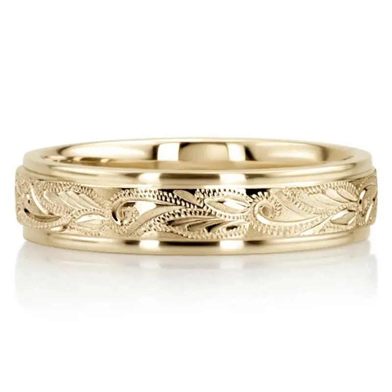 14K yellow gold 5mm. satin finish hand-engraved-fancy-carved-wedding-band - alternate view 2