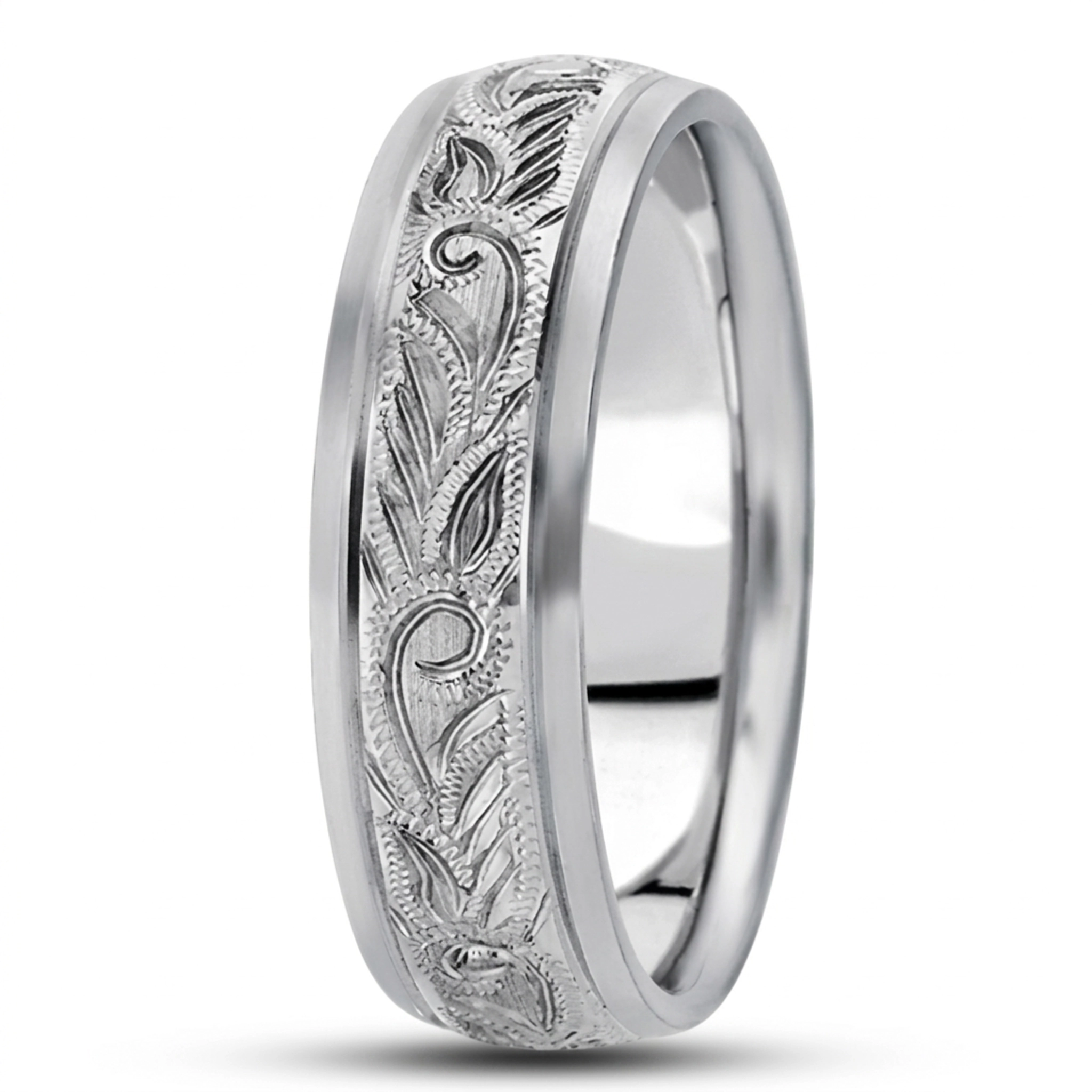 10K white gold 7mm. satin hand-engraved-fancy-carved-wedding-band - alternate view 6