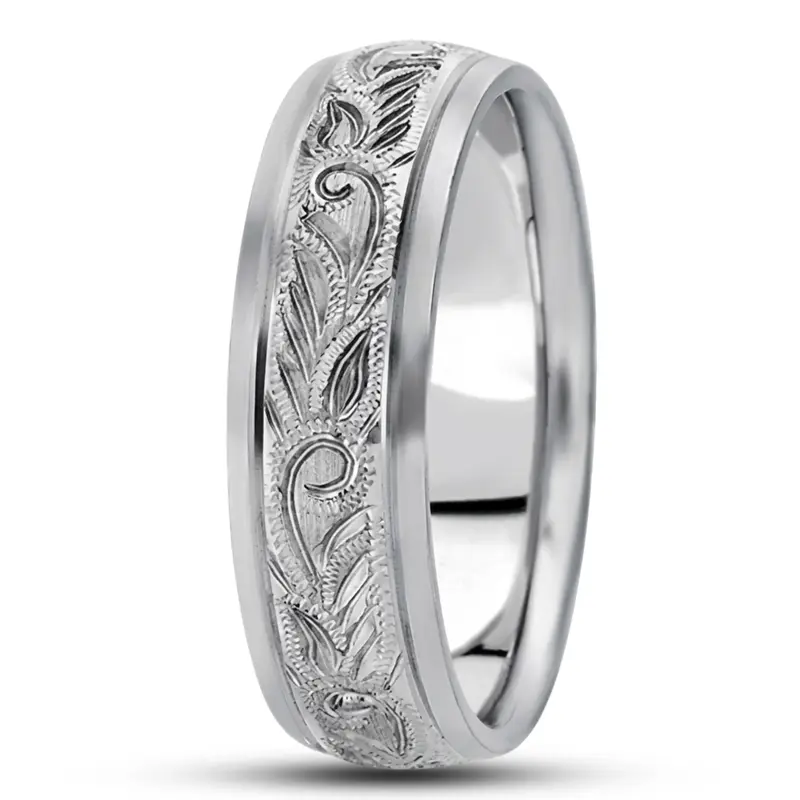 14K white gold 7mm. satin hand-engraved-fancy-carved-wedding-band - alternate view 8