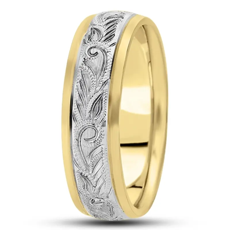 14K yellow-white-yellow gold 7mm. satin hand-engraved-fancy-carved-wedding-band - alternate view 5