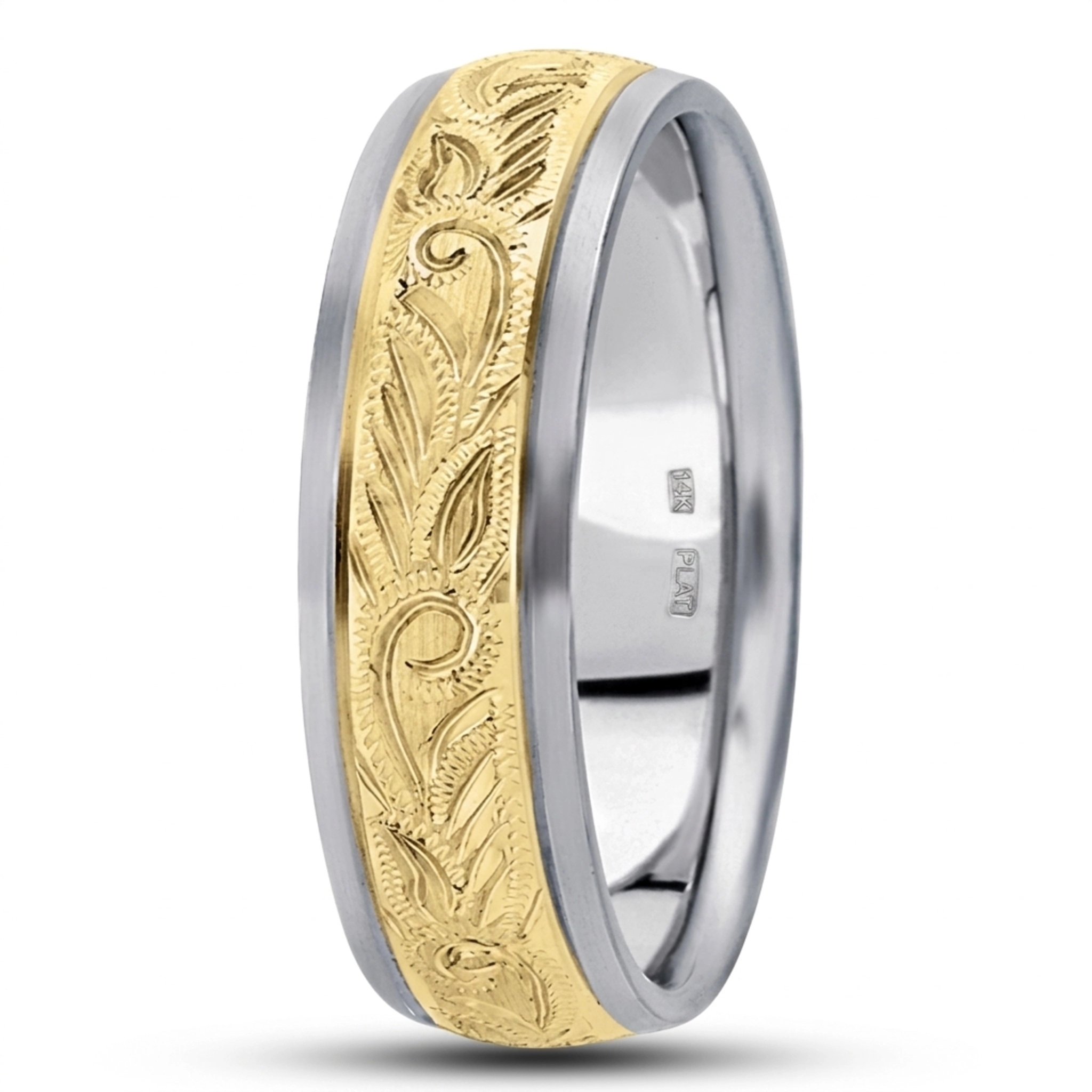 10K white-yellow-white gold 7mm. satin hand-engraved-fancy-carved-wedding-band - alternate view 7