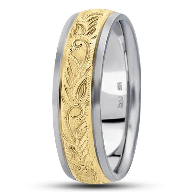 14K white-yellow-white gold 7mm. satin hand-engraved-fancy-carved-wedding-band - alternate view 4