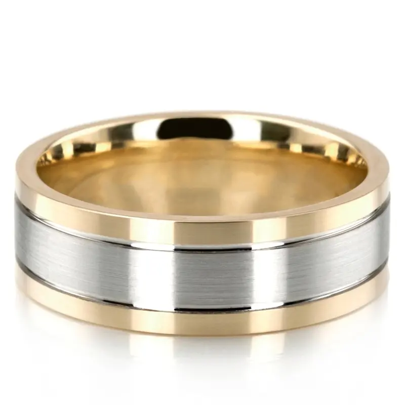 14K yellow-white-yellow gold 7mm. satin diamond-cut-wedding-rings - alternate view 2