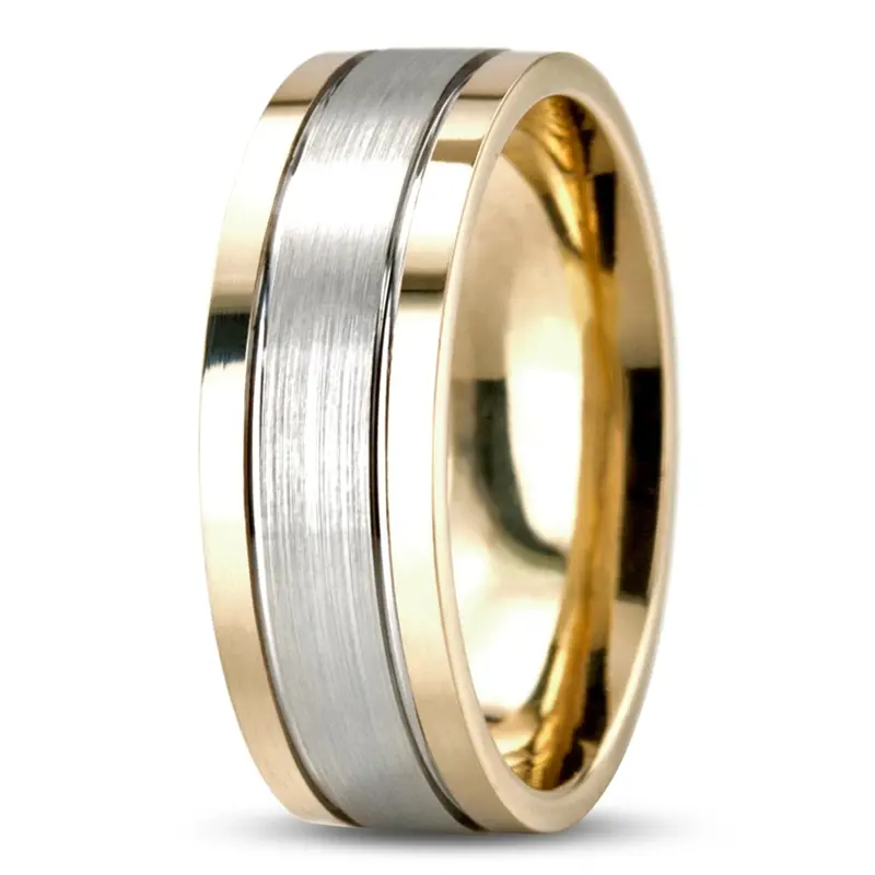 14K yellow-white-yellow gold 7mm. satin diamond-cut-wedding-rings - alternate view 5