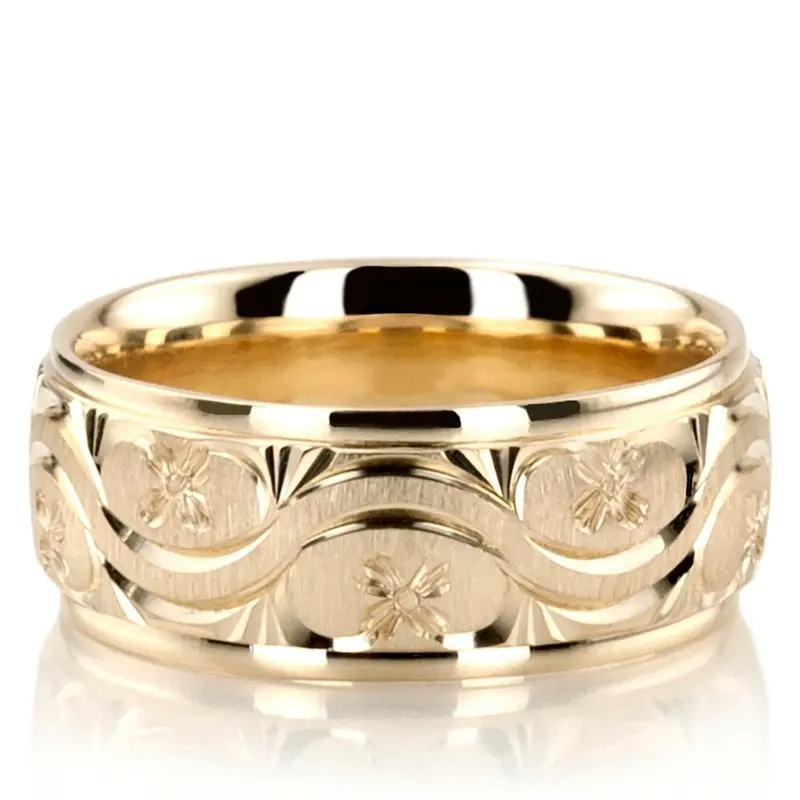 10K yellow gold 7mm. cross satin hand-engraved-fancy-carved-wedding-band - alternate view 2