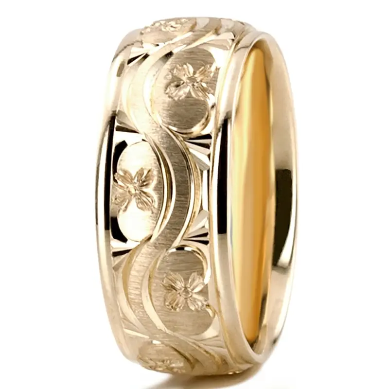 10K yellow gold 7mm. cross satin hand-engraved-fancy-carved-wedding-band - alternate view 7
