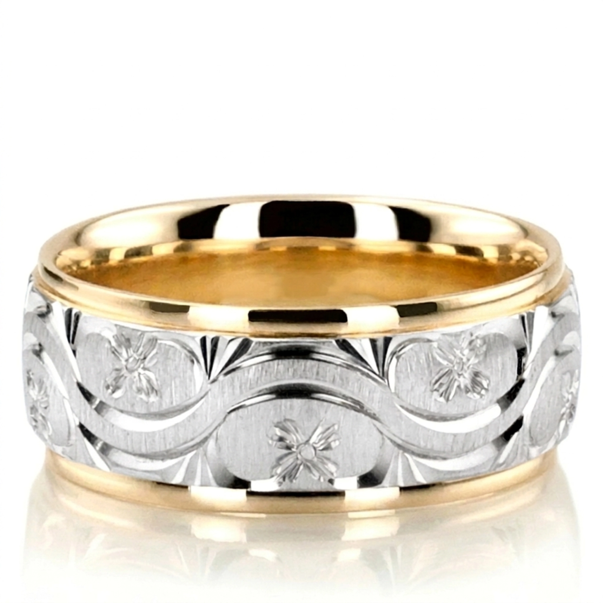 10K yellow-white-yellow gold 7mm. cross satin hand-engraved-fancy-carved-wedding-band - alternate view 3