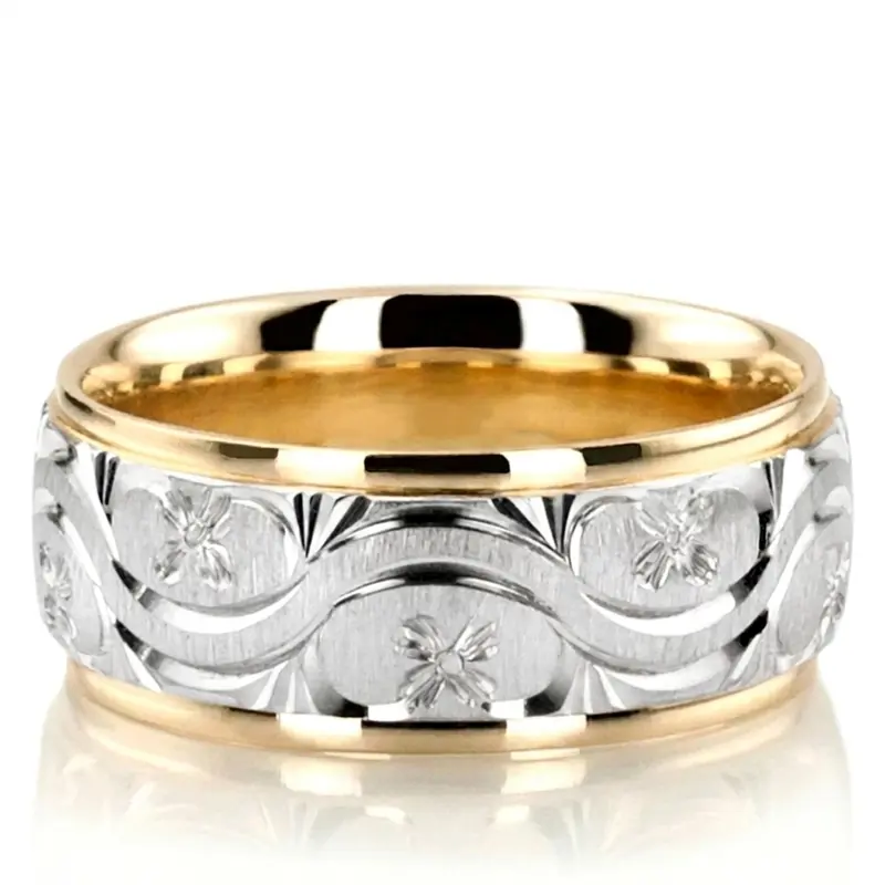 10K yellow-white-yellow gold 7mm. cross satin hand-engraved-fancy-carved-wedding-band - alternate view 3