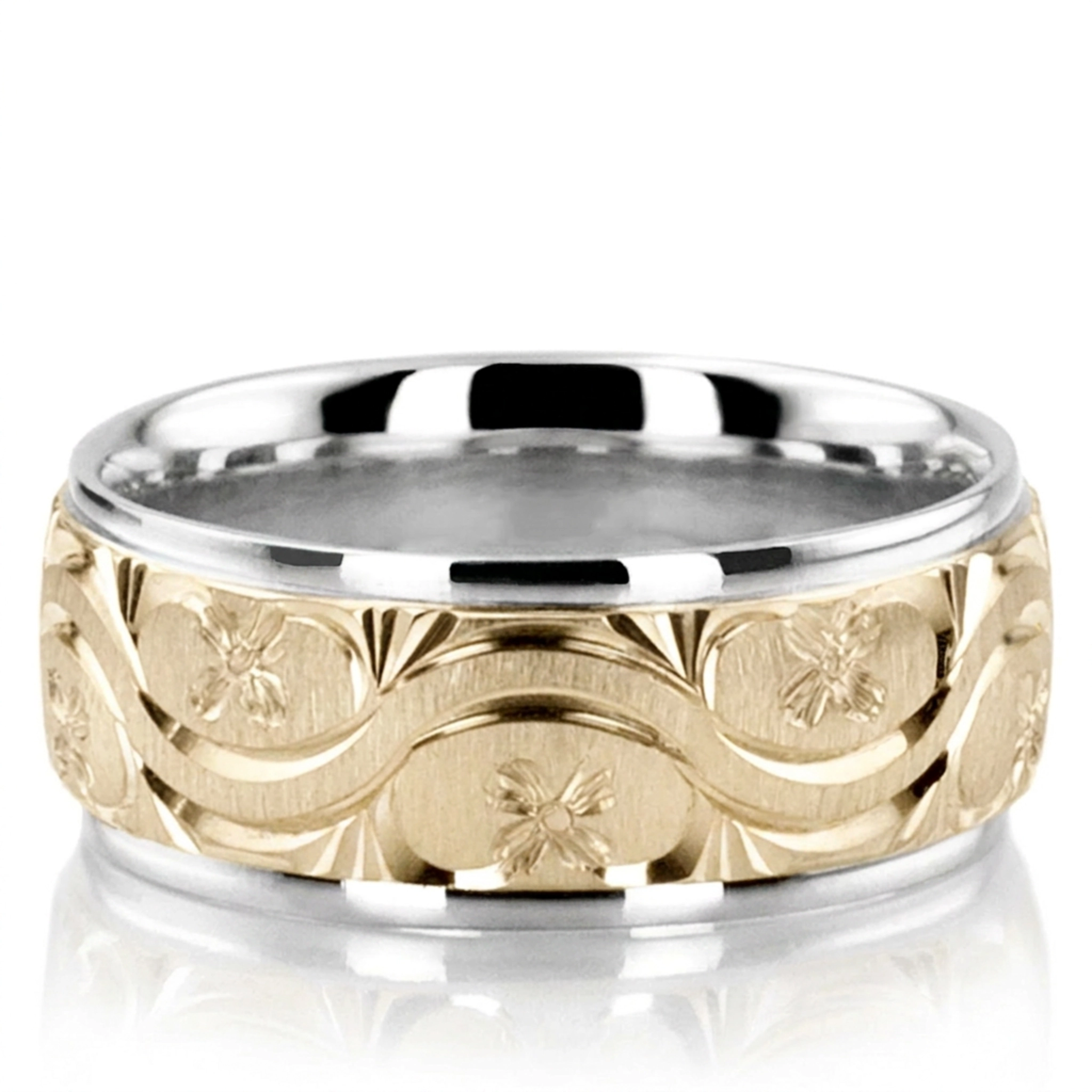 10K white-yellow-white gold 7mm. cross satin hand-engraved-fancy-carved-wedding-band - alternate view 5