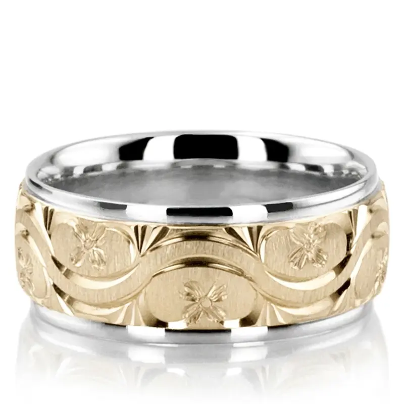 10K white-yellow-white gold 7mm. cross satin hand-engraved-fancy-carved-wedding-band - alternate view 5