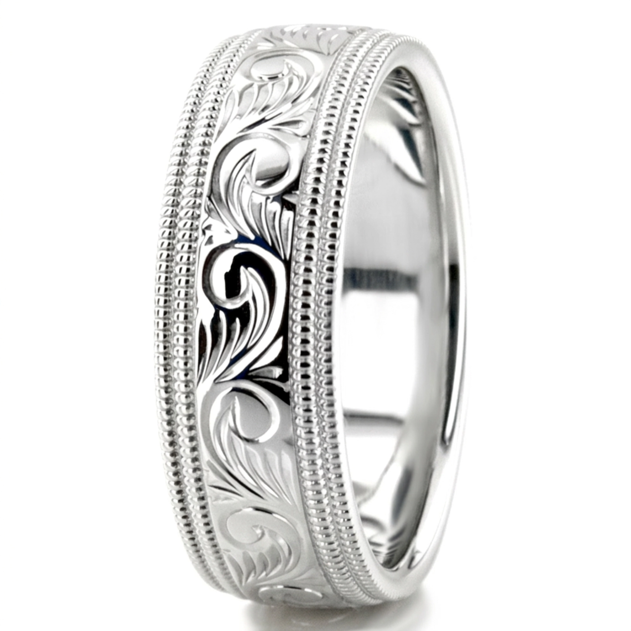 10K white gold 7mm. high polish hand-engraved-fancy-carved-wedding-band - alternate view 6