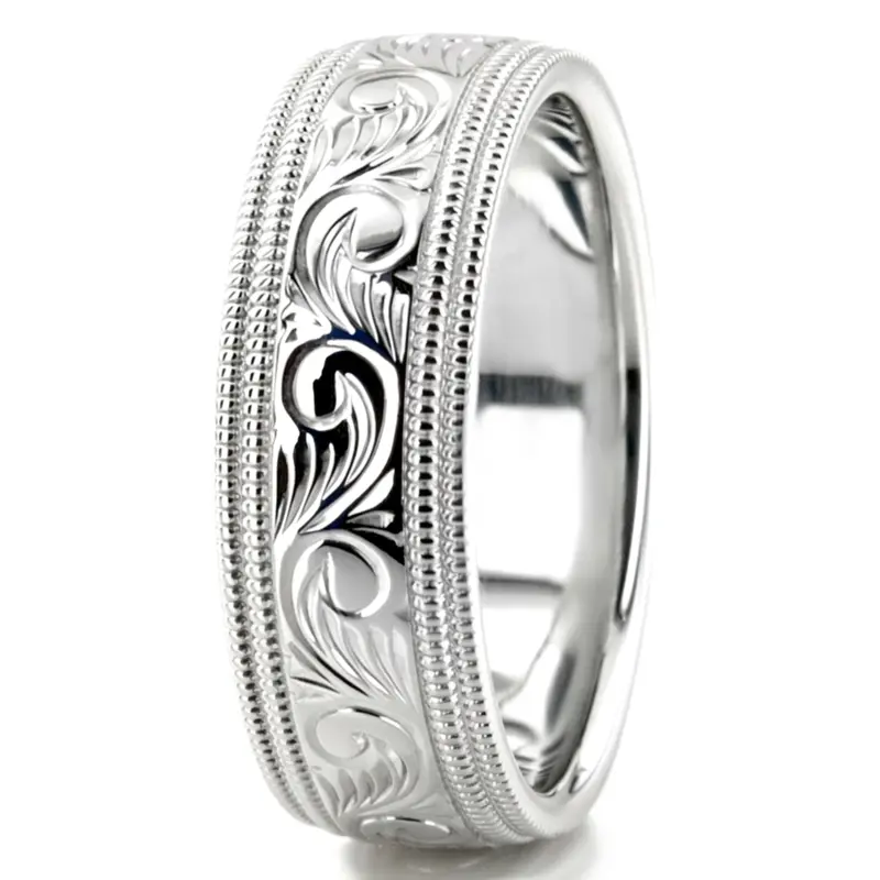 10K white gold 7mm. high polish hand-engraved-fancy-carved-wedding-band - alternate view 6