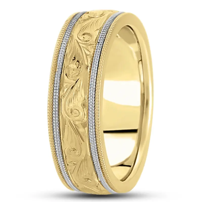 10K y-w-y-w-y gold 7mm. high polish hand-engraved-fancy-carved-wedding-band - alternate view 4