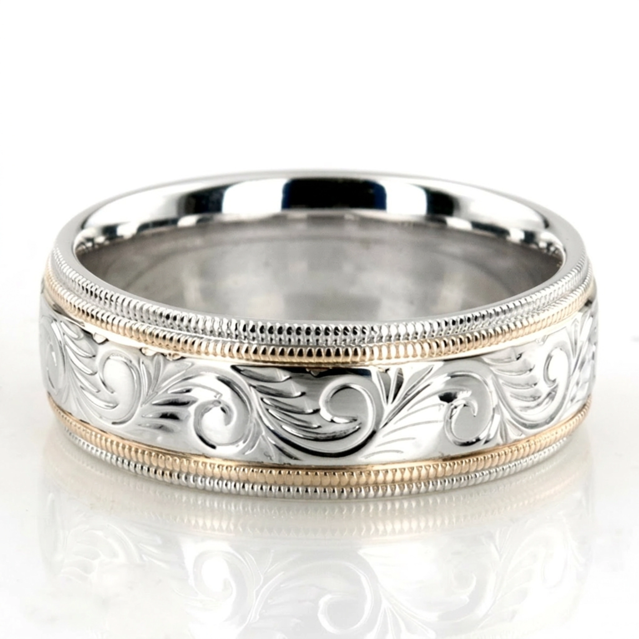 10K w-y-w-y-w gold 7mm. high polish hand-engraved-fancy-carved-wedding-band - alternate view 2
