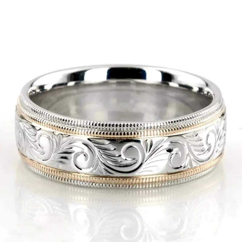 10K w-y-w-y-w gold 7mm. high polish hand-engraved-fancy-carved-wedding-band - alternate view 2