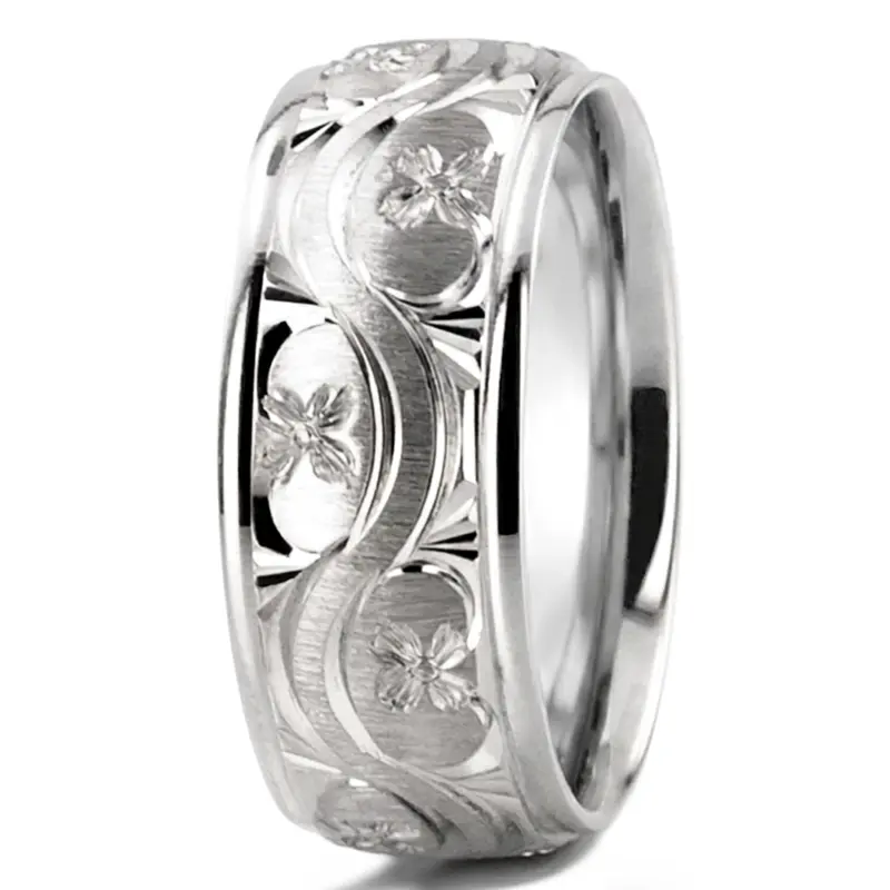 10K white gold 7mm. cross satin hand-engraved-fancy-carved-wedding-band - alternate view 8