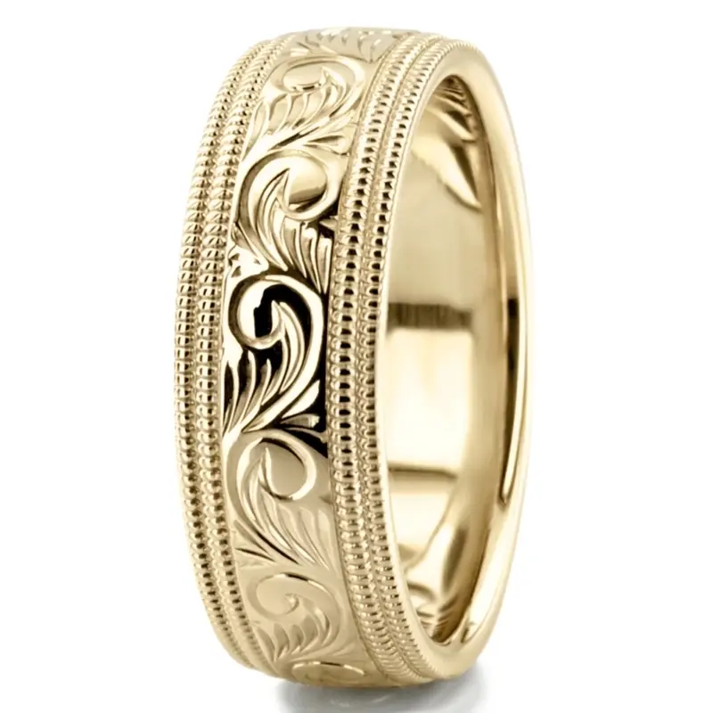 10K yellow gold 7mm. high polish hand-engraved-fancy-carved-wedding-band - alternate view 7