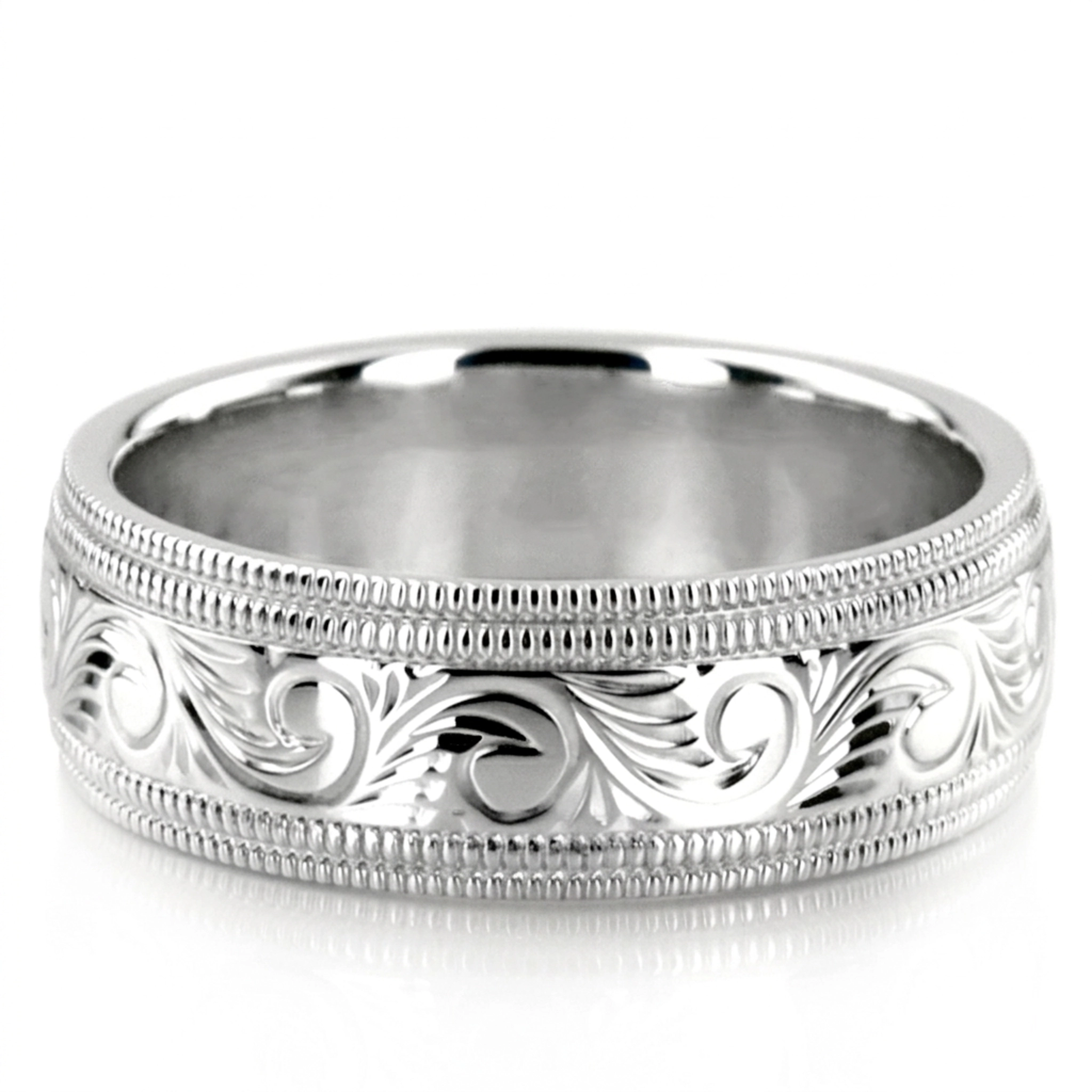 10K white gold 7mm. high polish hand-engraved-fancy-carved-wedding-band - main view