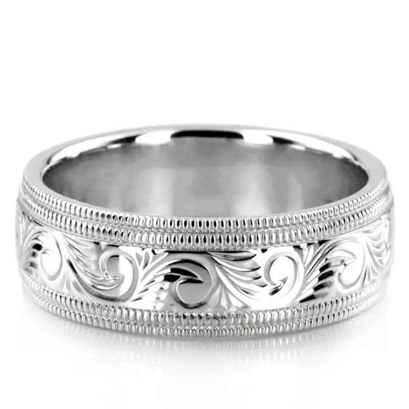 10K white gold 7mm. high polish hand-engraved-fancy-carved-wedding-band - main view