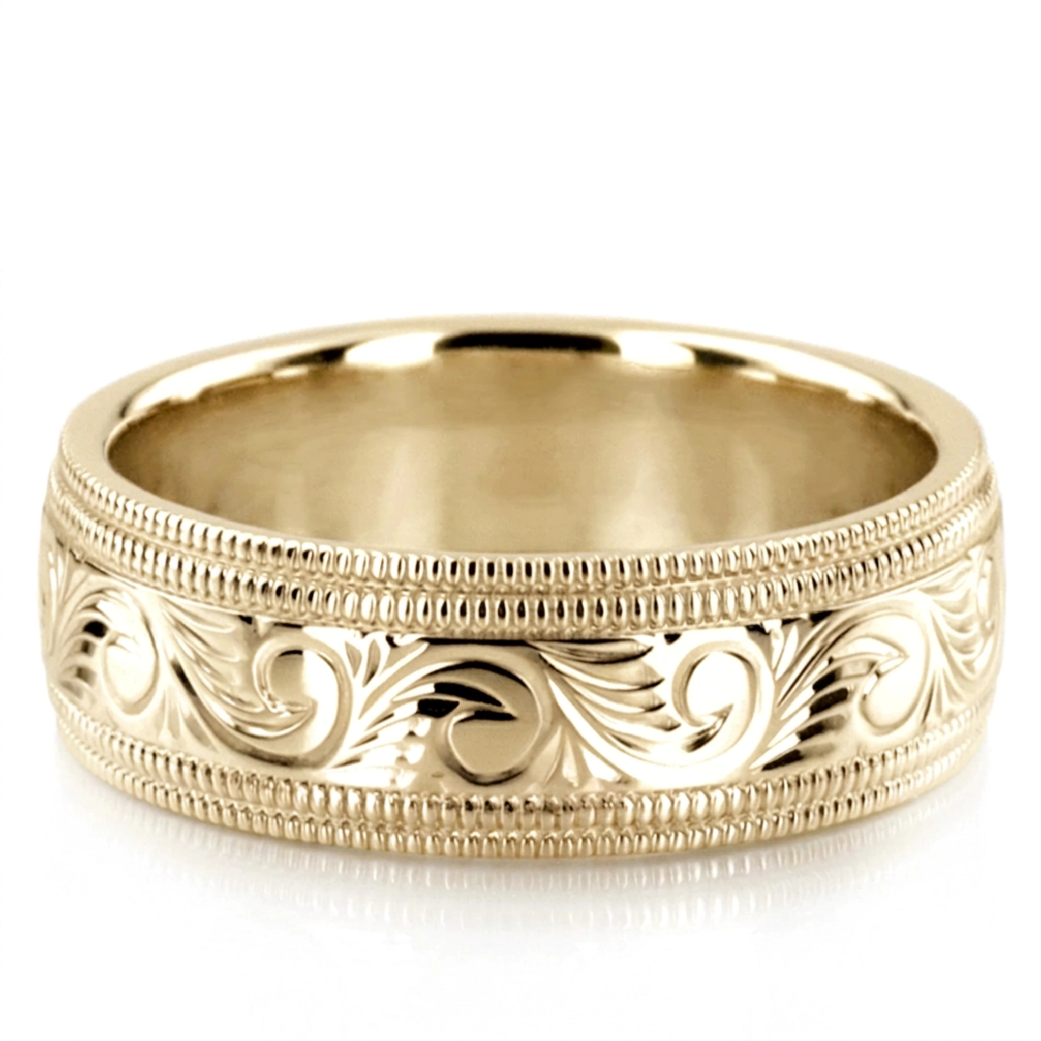 10K yellow gold 7mm. high polish hand-engraved-fancy-carved-wedding-band - alternate view 3