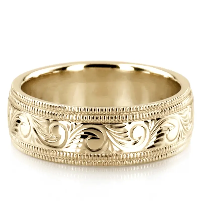 10K yellow gold 7mm. high polish hand-engraved-fancy-carved-wedding-band - alternate view 3
