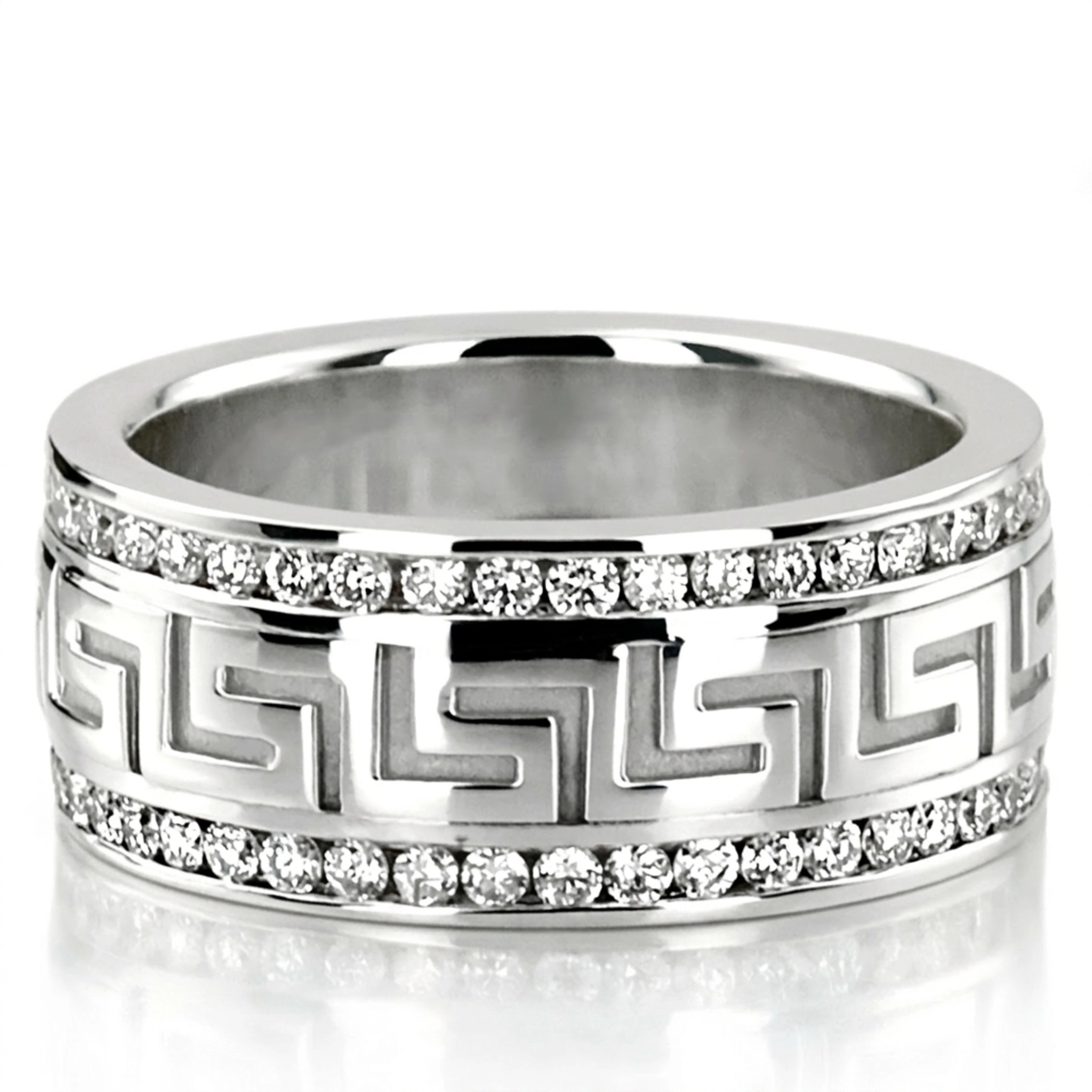 10K white gold 9mm. high polish diamond-classic-round-wedding-band - main view