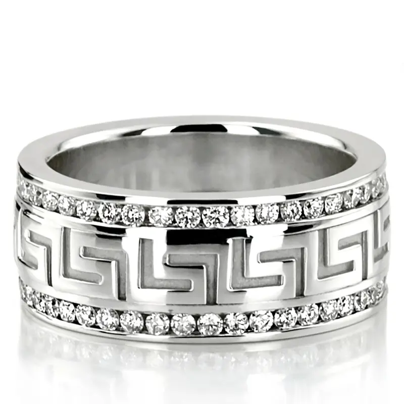 10K white gold 9mm. high polish diamond-classic-round-wedding-band - main view