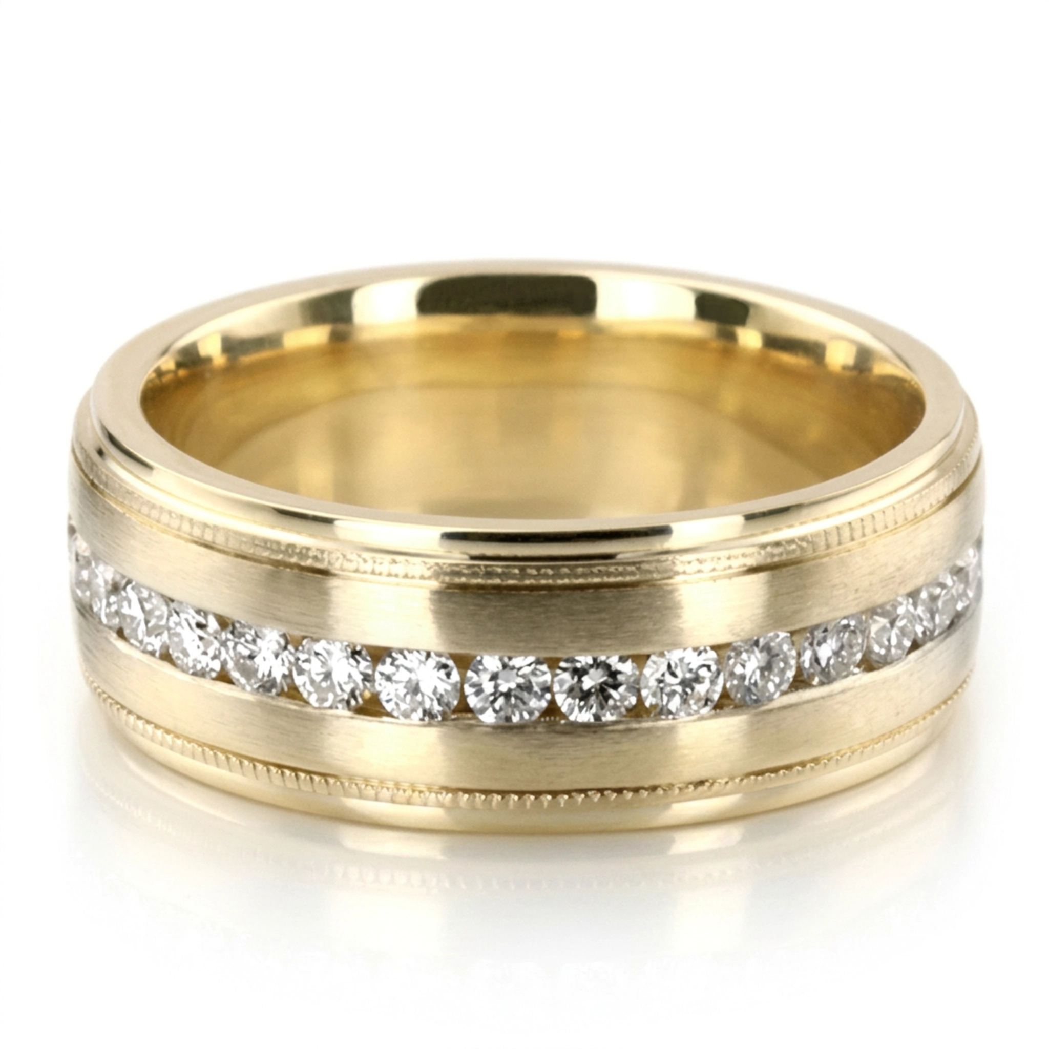 10K yellow gold 8mm. satin round-cut-diamond-wedding-band - alternate view 2