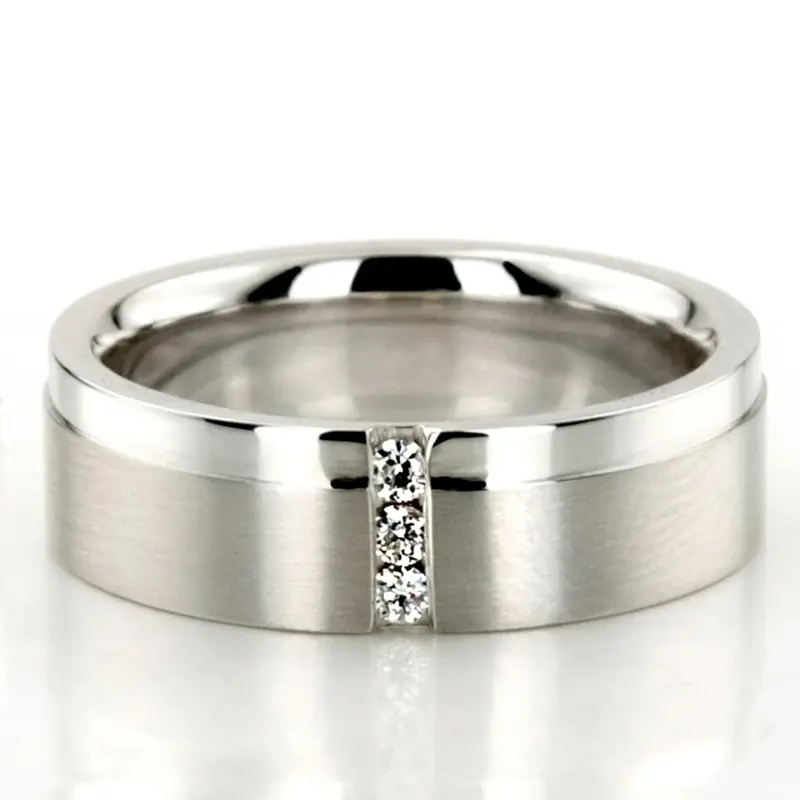 14K white gold 6mm. satin Three-Stone-Diamond-Wedding-Band - main view