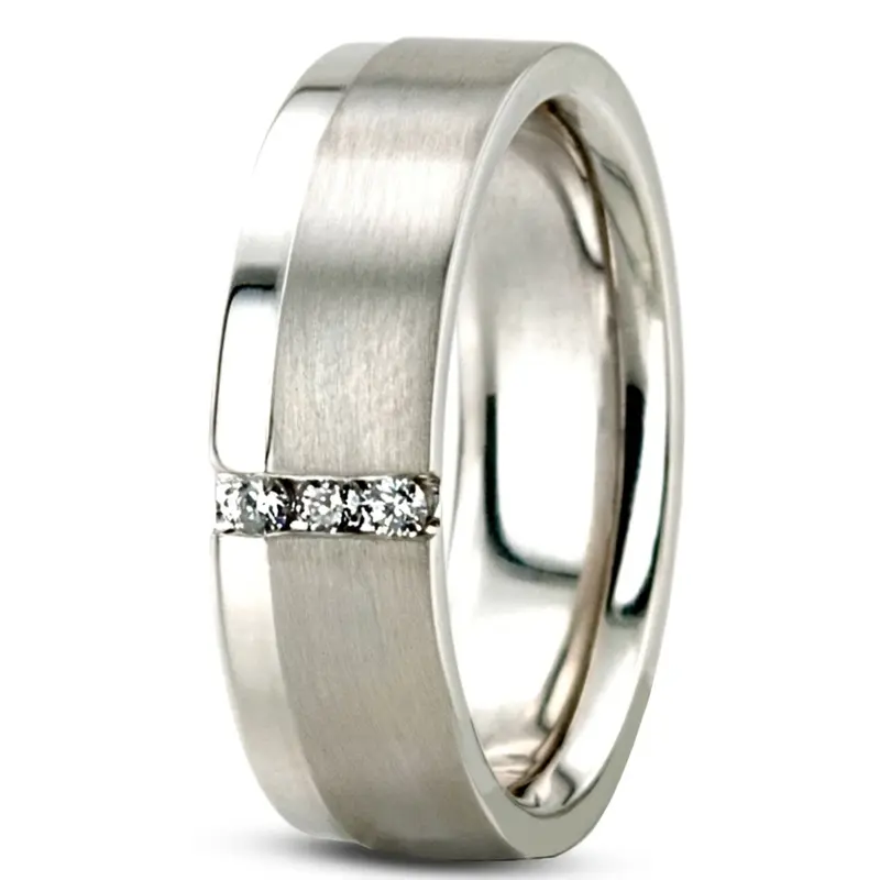 14K white gold 6mm. satin Three-Stone-Diamond-Wedding-Band - alternate view 3
