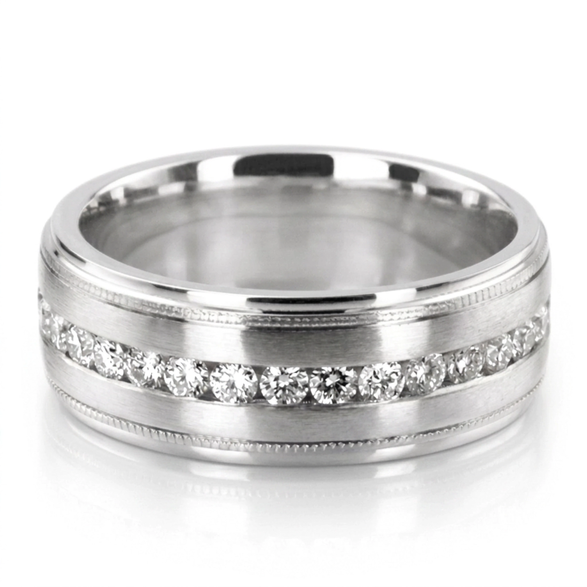 10K white gold 8mm. satin round-cut-diamond-wedding-band - main view