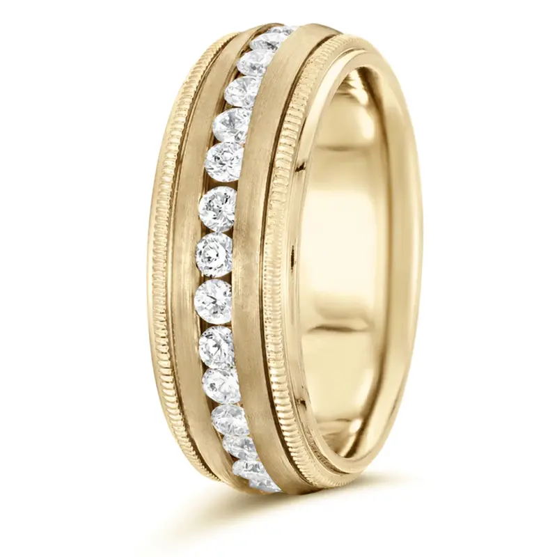14K yellow gold 8mm. satin round-cut-diamond-wedding-band - alternate view 4