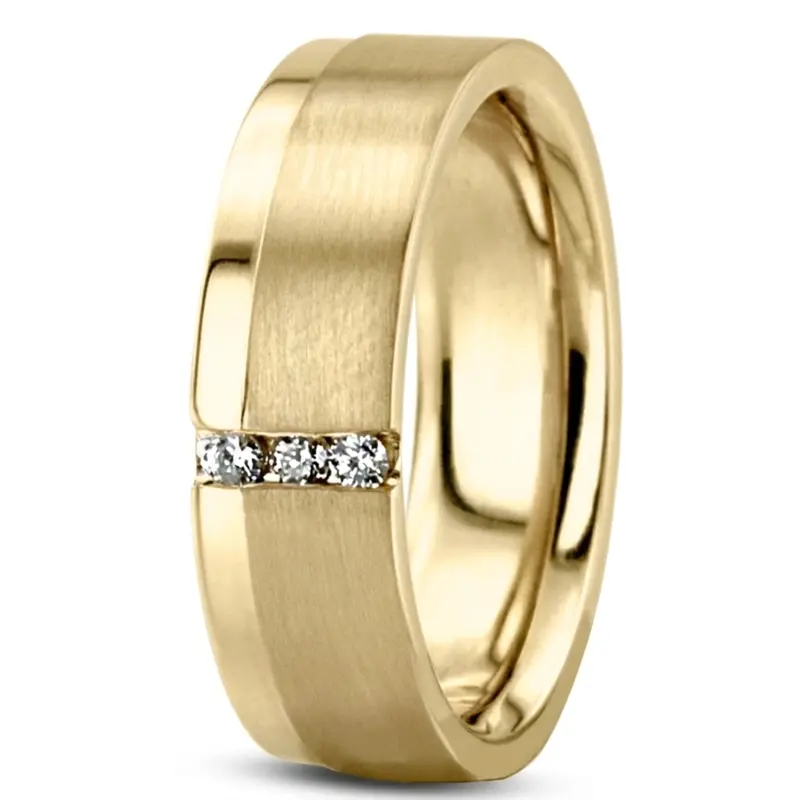 14K yellow gold 6mm. satin Three-Stone-Diamond-Wedding-Band - alternate view 4