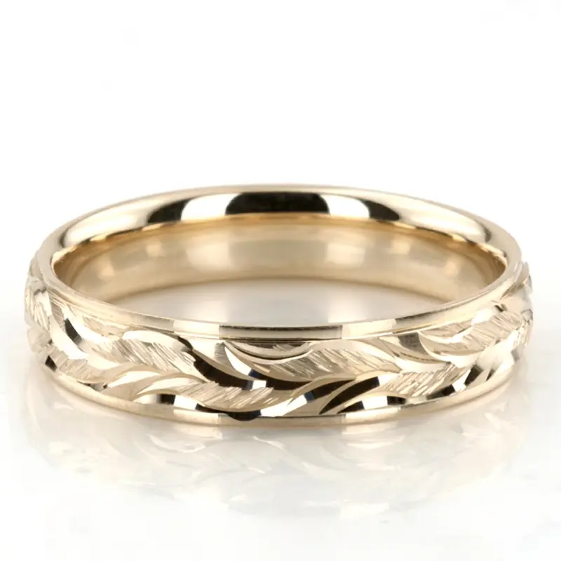 14K yellow gold 5mm. satin finish Floral-Carved-Fancy-Wedding-Ring - alternate view 6