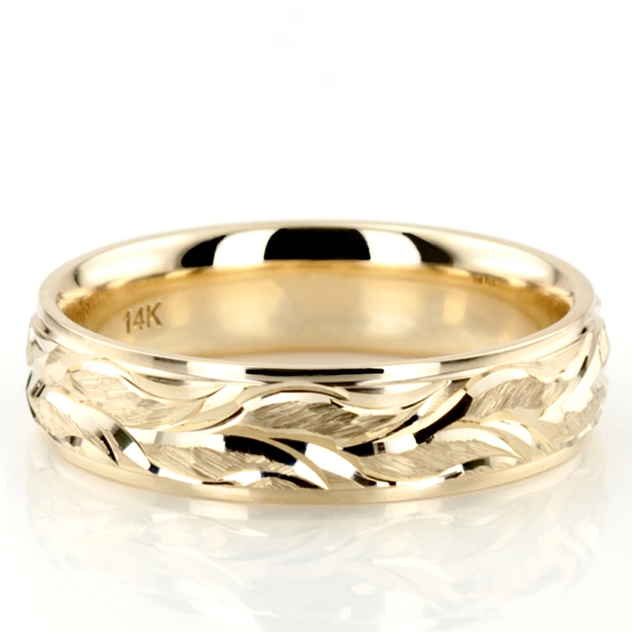 10K yellow gold 6mm. satin Floral-Carved-Fancy-Wedding-Ring - alternate view 4