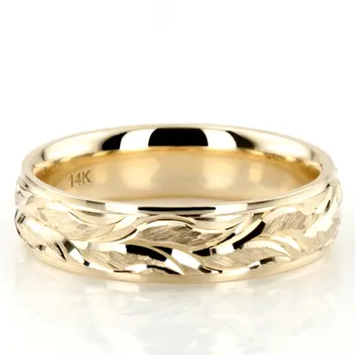 10K yellow gold 6mm. satin Floral-Carved-Fancy-Wedding-Ring - alternate view 4 thumbnail