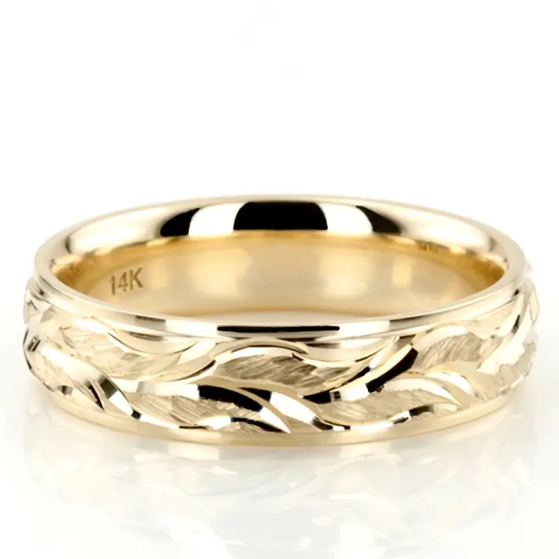14K yellow gold 6mm. satin Floral-Carved-Fancy-Wedding-Ring - main view