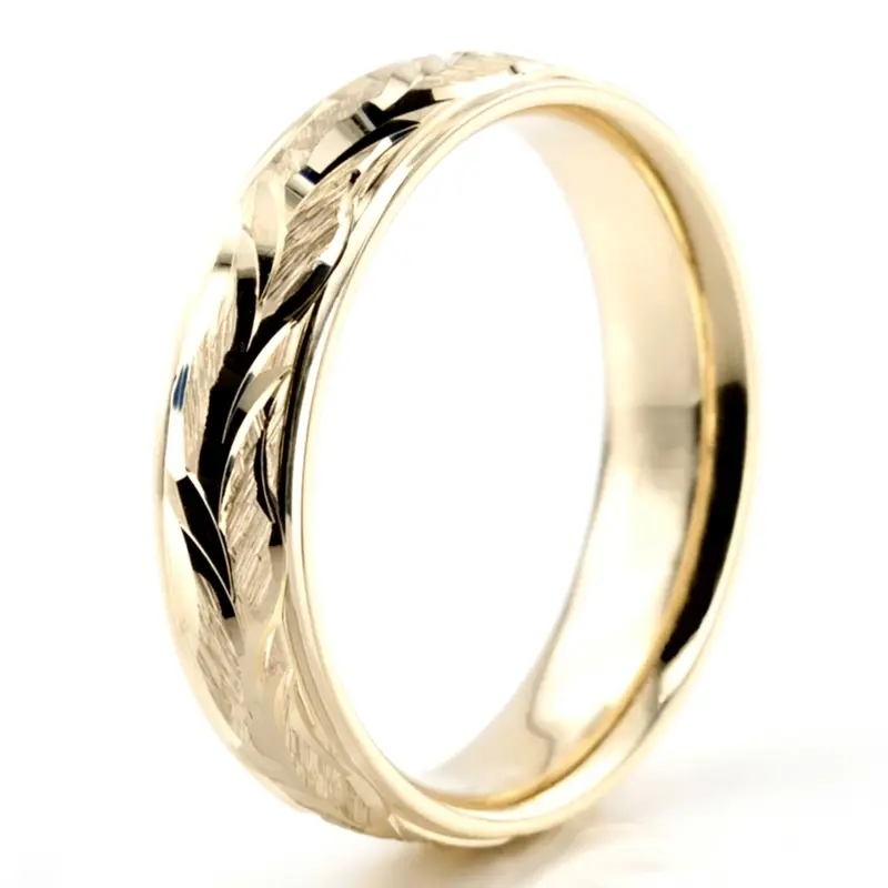 14K yellow gold 6mm. satin Floral-Carved-Fancy-Wedding-Ring - alternate view 3