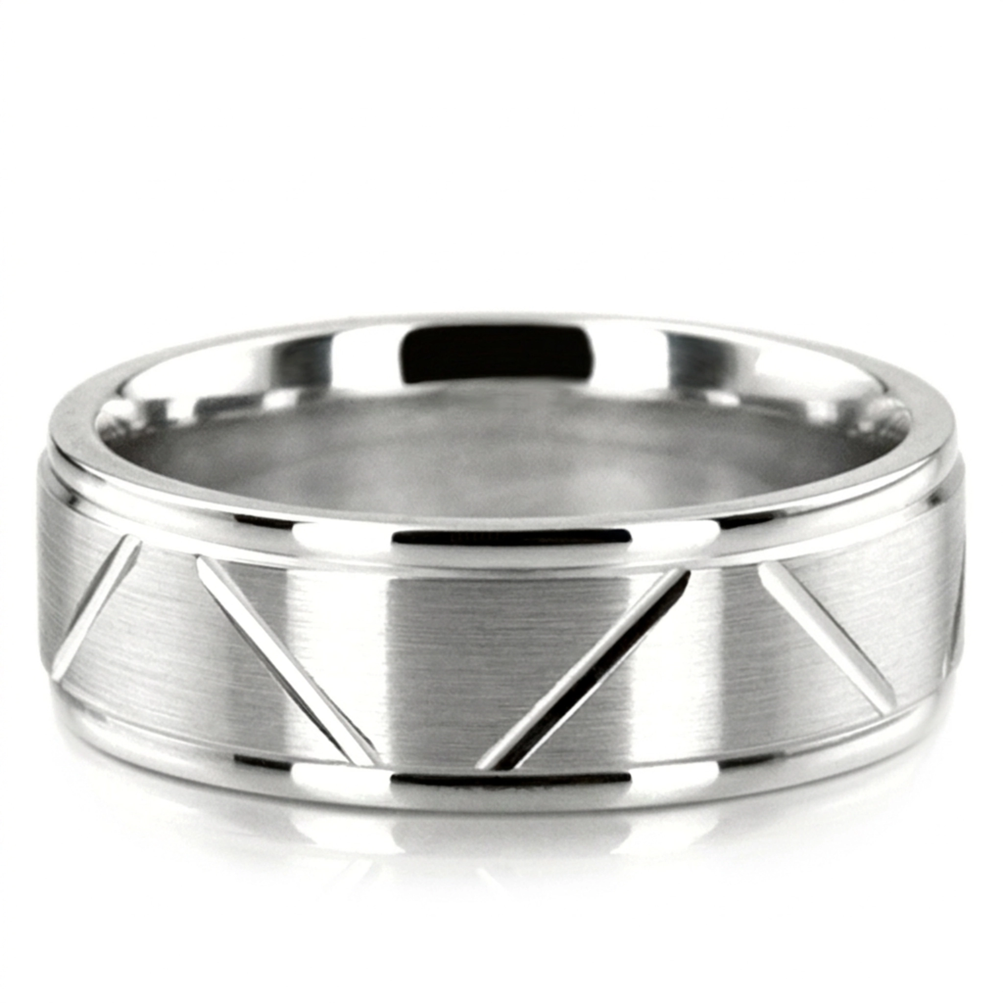 10K white gold 7mm. satin basic-diamond-carved-wedding-band - main view