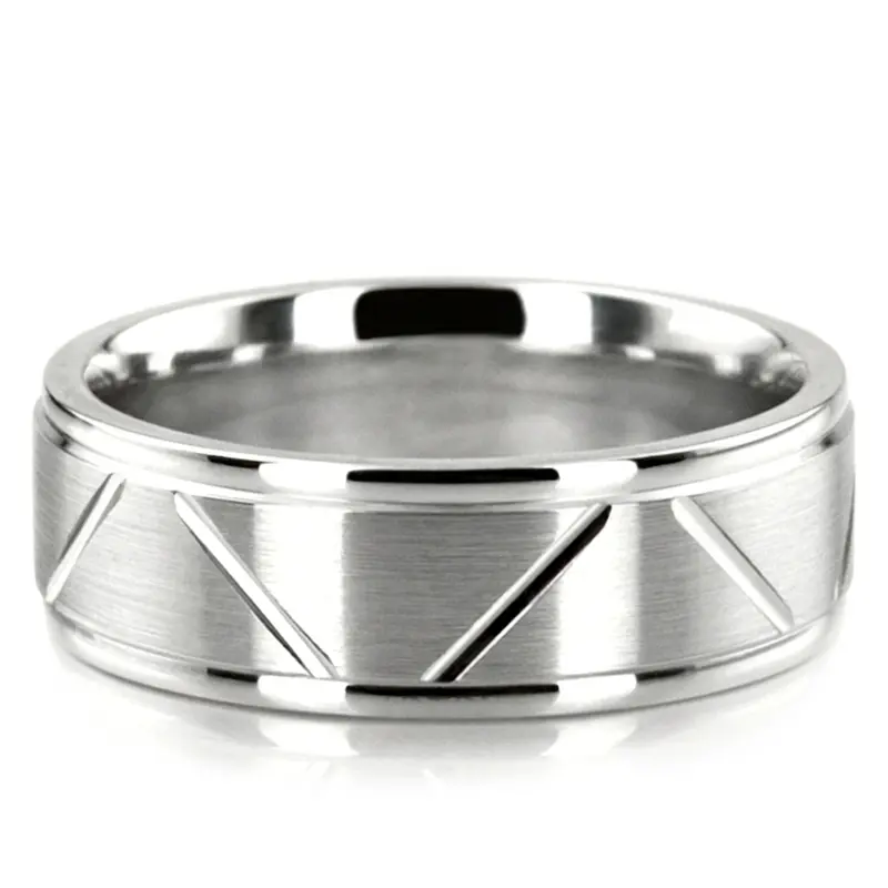 10K white gold 7mm. satin basic-diamond-carved-wedding-band - main view