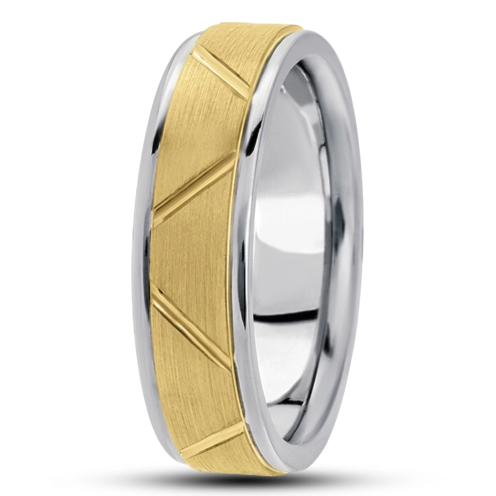 10K white-yellow-white gold 7mm. satin basic-diamond-carved-wedding-band - alternate view 2
