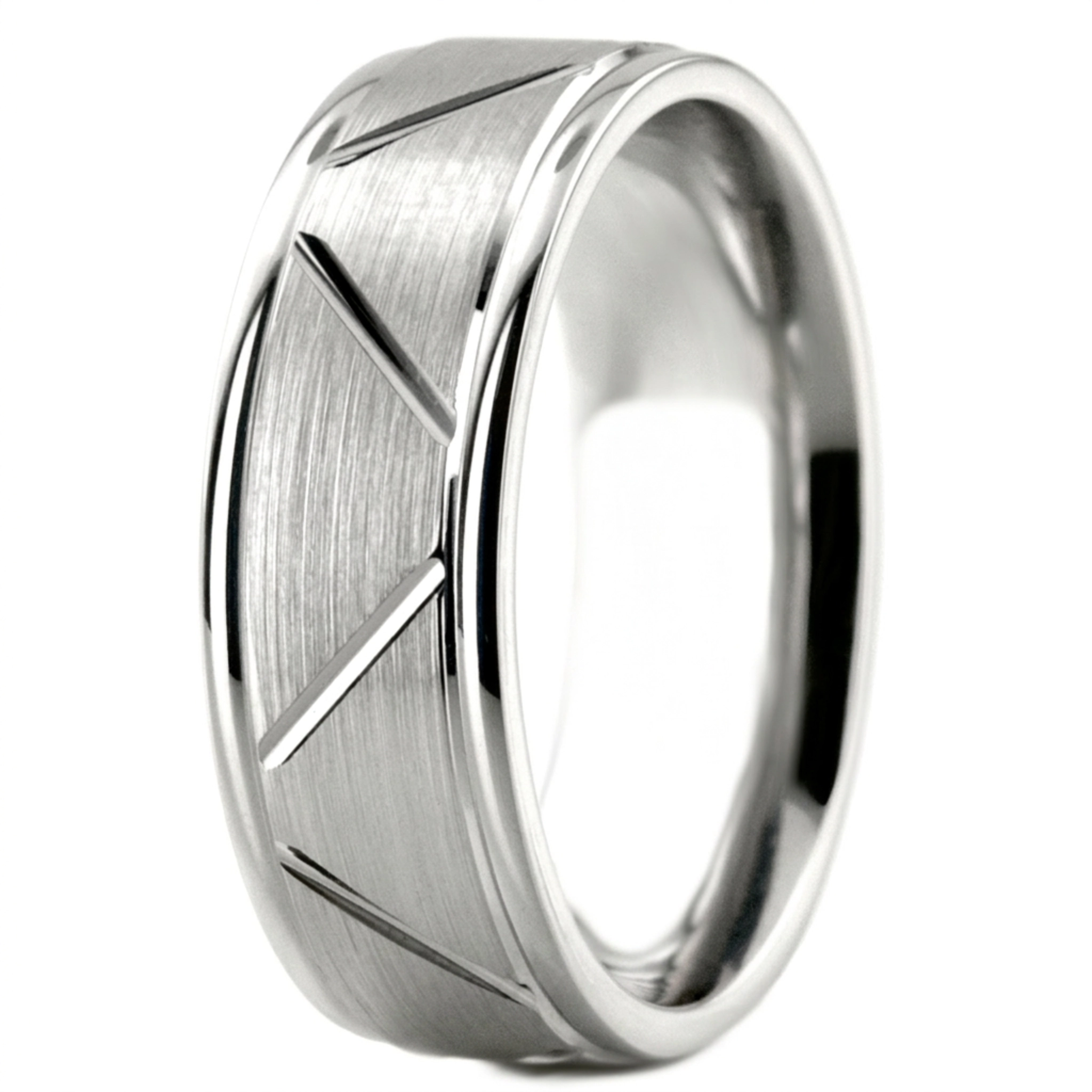10K white gold 7mm. satin basic-diamond-carved-wedding-band - alternate view 6