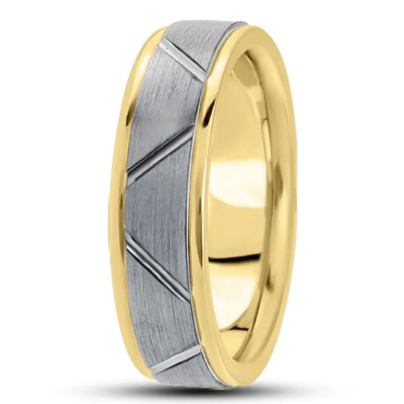 10K yellow-white-yellow gold 7mm. satin basic-diamond-carved-wedding-band - alternate view 4
