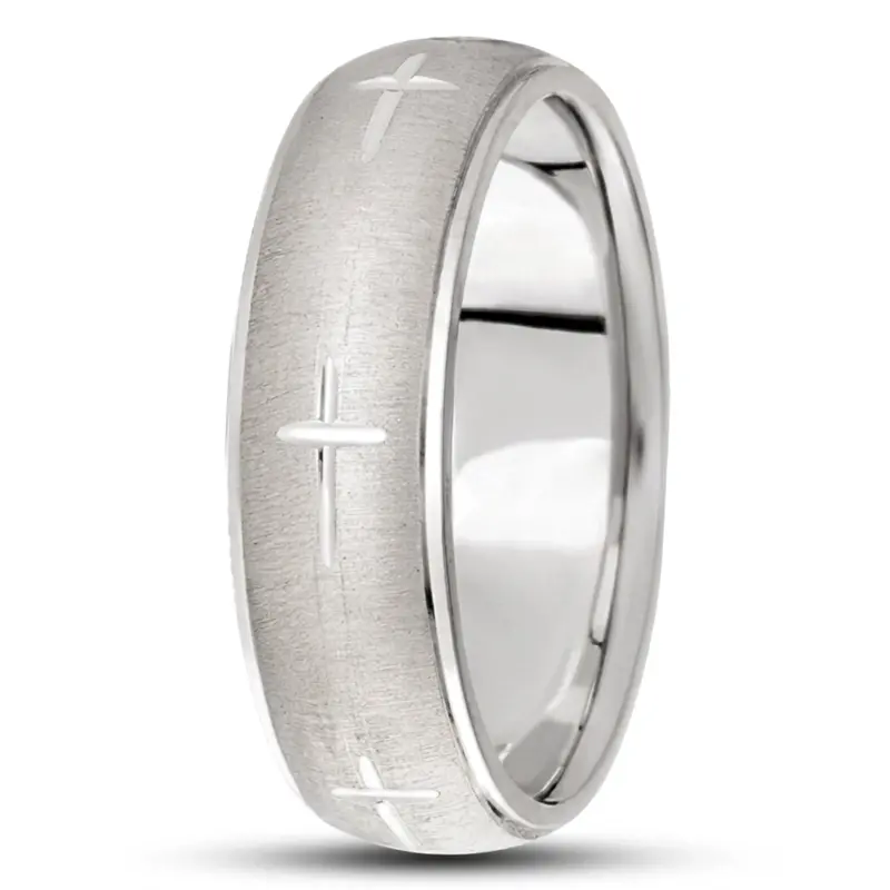 18K white gold 6.5mm cross satin basic-carved-religious-wedding-band - alternate view 4