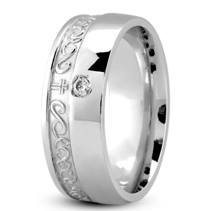 14K white gold 8mm. high polish Traditional-Cross-Diamond-Wedding-Ring - alternate view 6