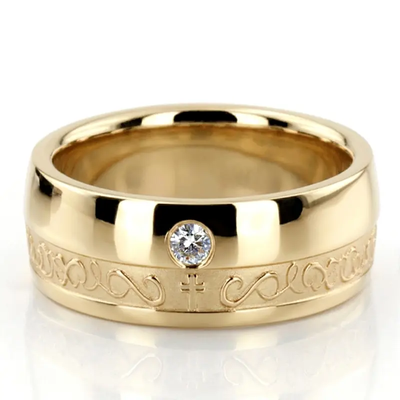 14K yellow gold 8mm. high polish Traditional-Cross-Diamond-Wedding-Ring - alternate view 3