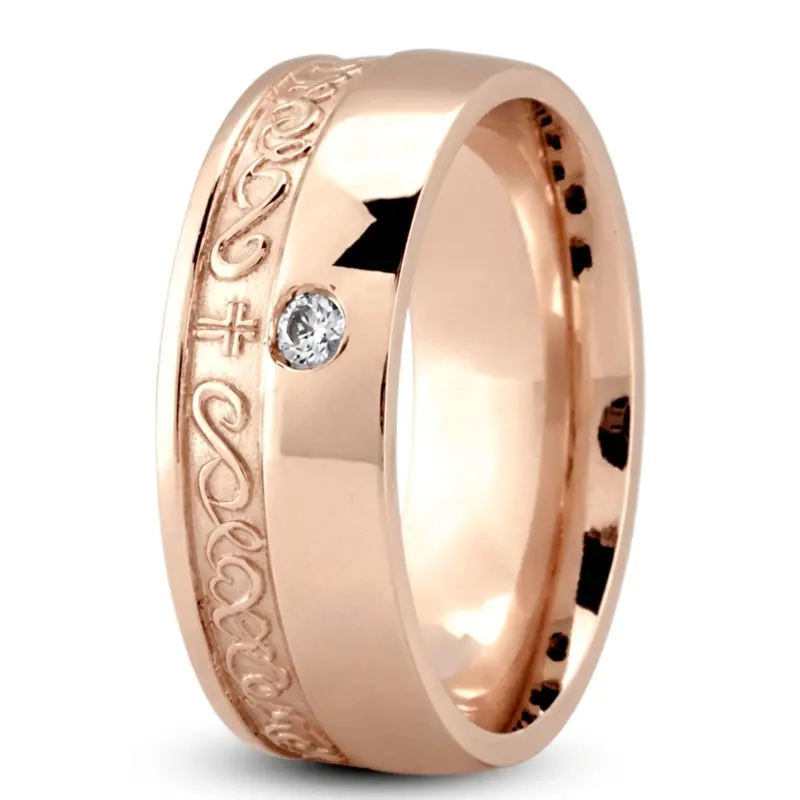 14K pink gold 8mm. high polish Traditional-Cross-Diamond-Wedding-Ring - alternate view 4