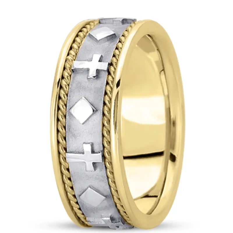 14K yellow-white-yellow gold 8.5mm. high polish hand-made-religious-wedding-band - alternate view 5