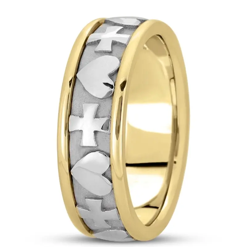 14K yellow-white-yellow gold 8.5mm. high polish hand-made-religious-wedding-band - alternate view 4